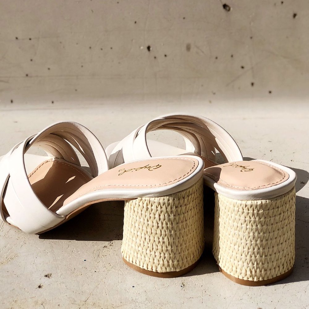 NEW Multi Crisscross Straps Natural Raffia Oval Block Heel Slip On Slide Sandals - Picture 8 of 12